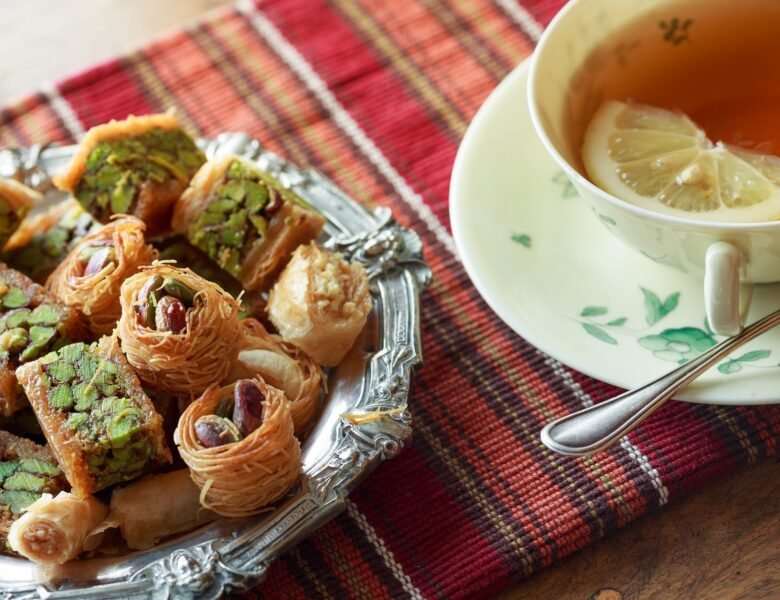 Morning food items with cup of tea with sun