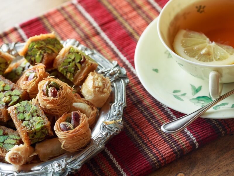 Morning food items with cup of tea with sun